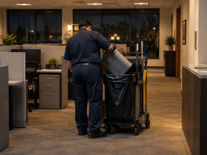 Janitor cleaning a glass conference room after hours