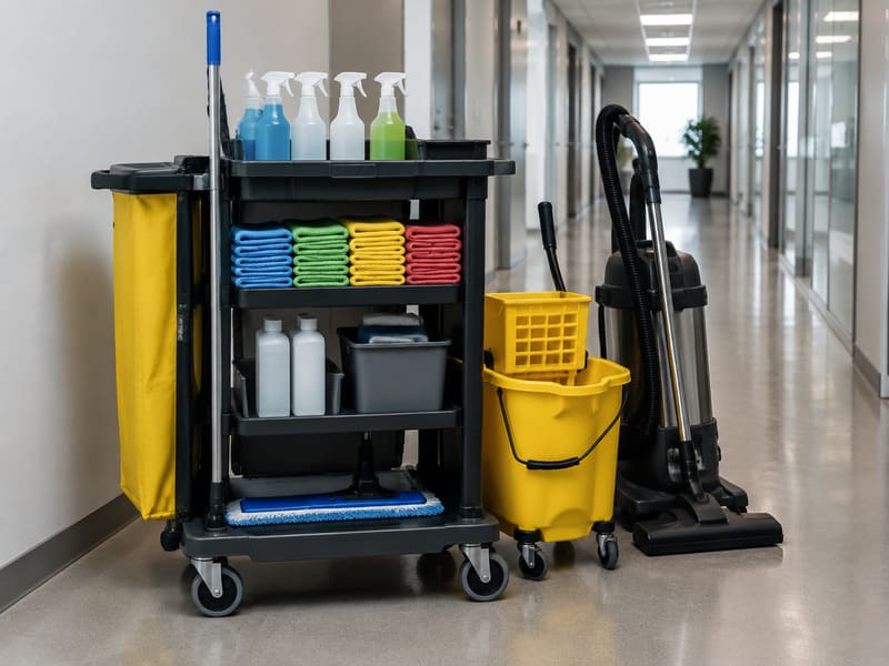 Cleaning cart with microfiber cloths and color-coded supplies in an office hallway