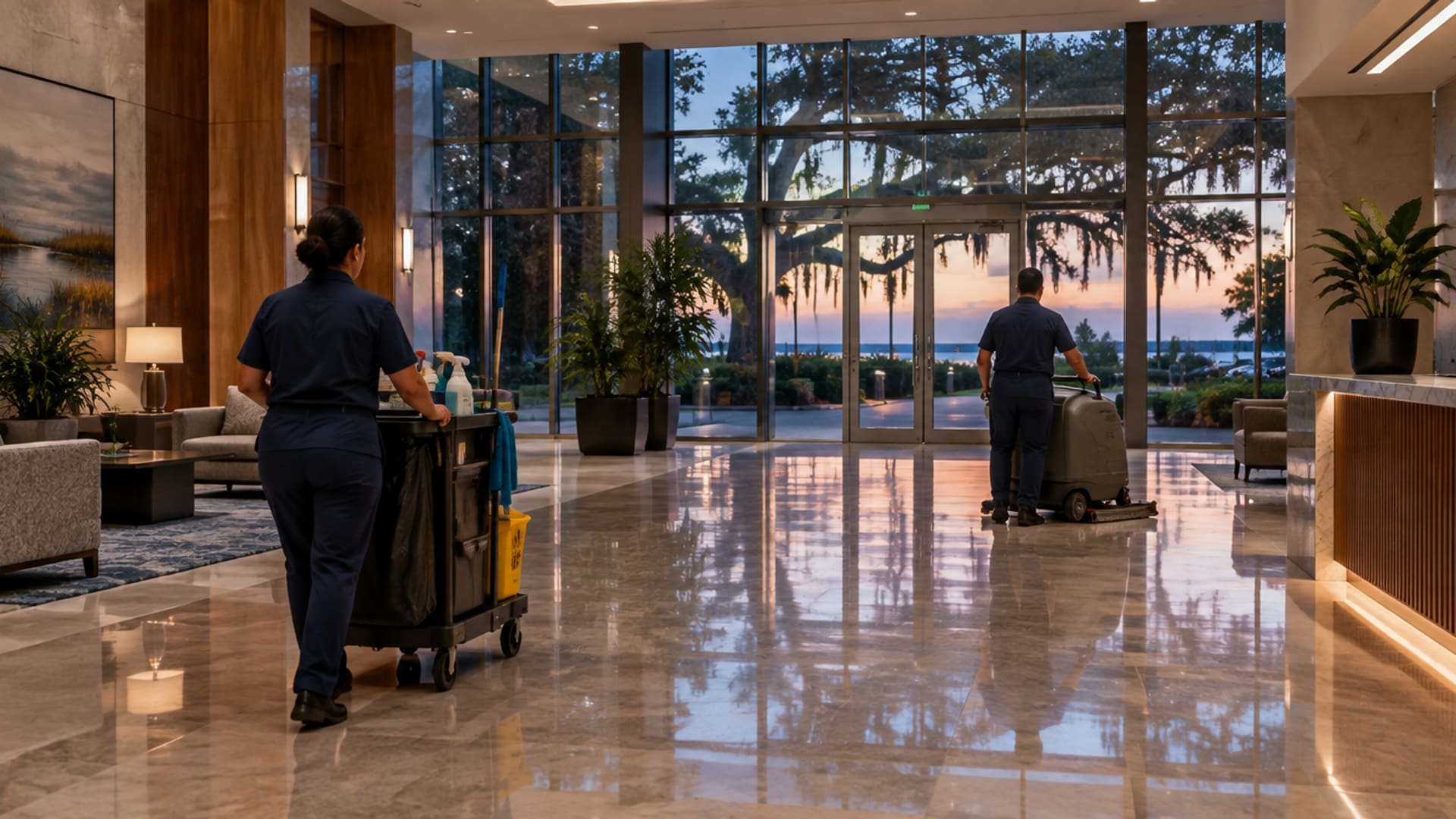 Commercial cleaning crew in an office building in Chesapeake, Virginia